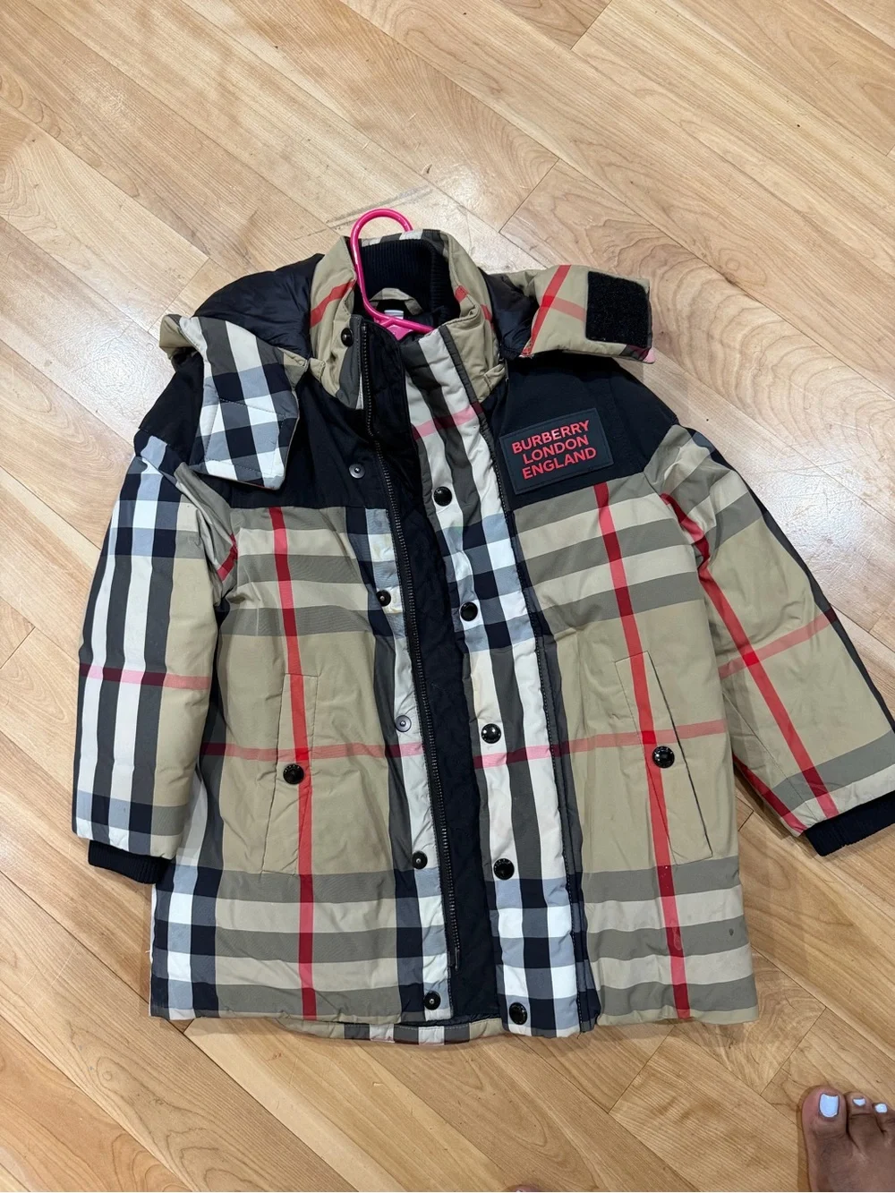 Burberry Black Kids Puffer Jacket with Beige Check Trim